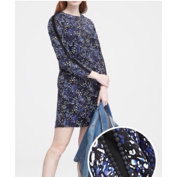 Banana Republic Pom Pom Shift Dress 10 Blue Black Colorful Relaxed Fit NEW $164 - Picture 1 of 12